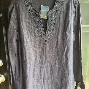 Lands' End Charcoal Floral Embroidered Top